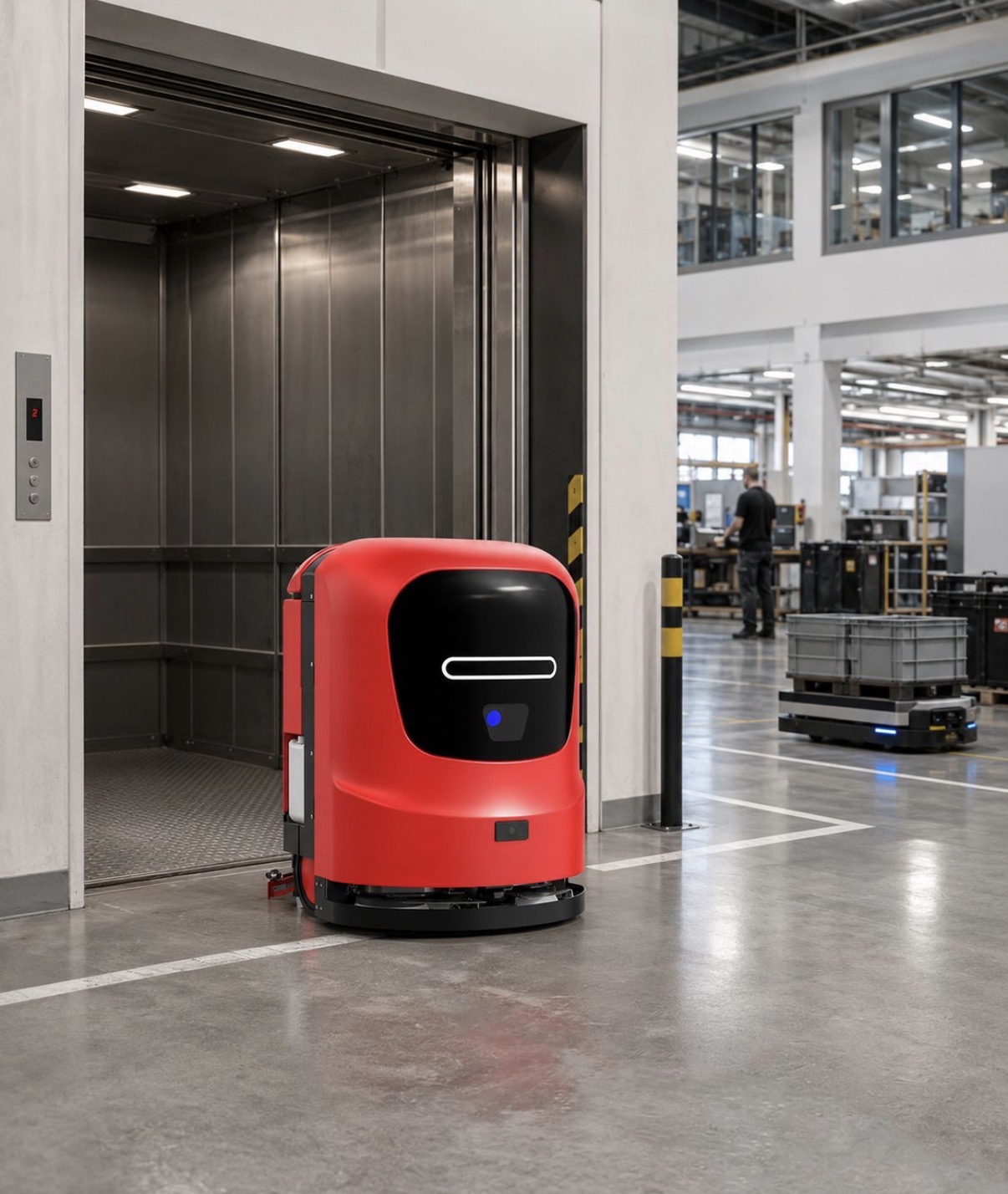 Red autonomous floor-cleaning robot positioned in front of an open freight elevator in a commercial facility